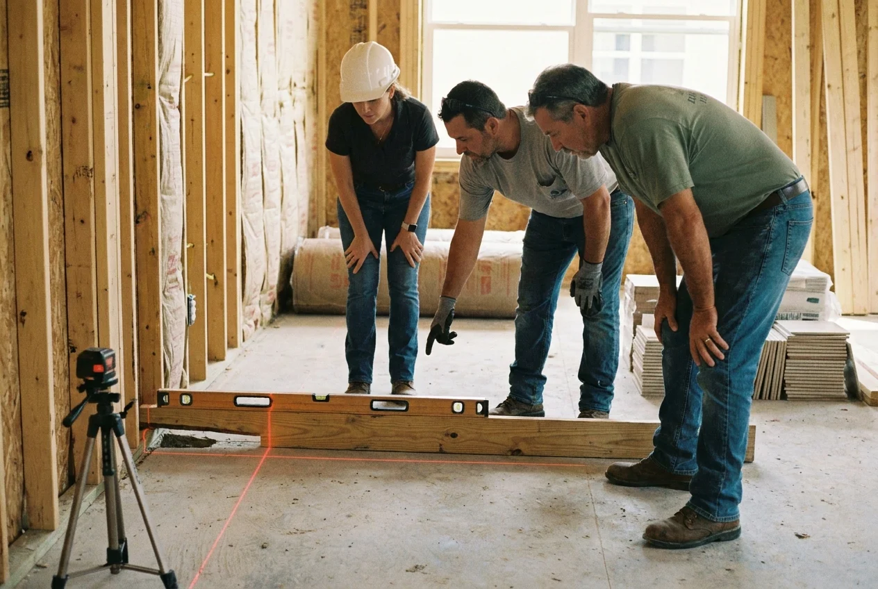 Worker measuring uneven floor and wall lines before finishing materials are installed