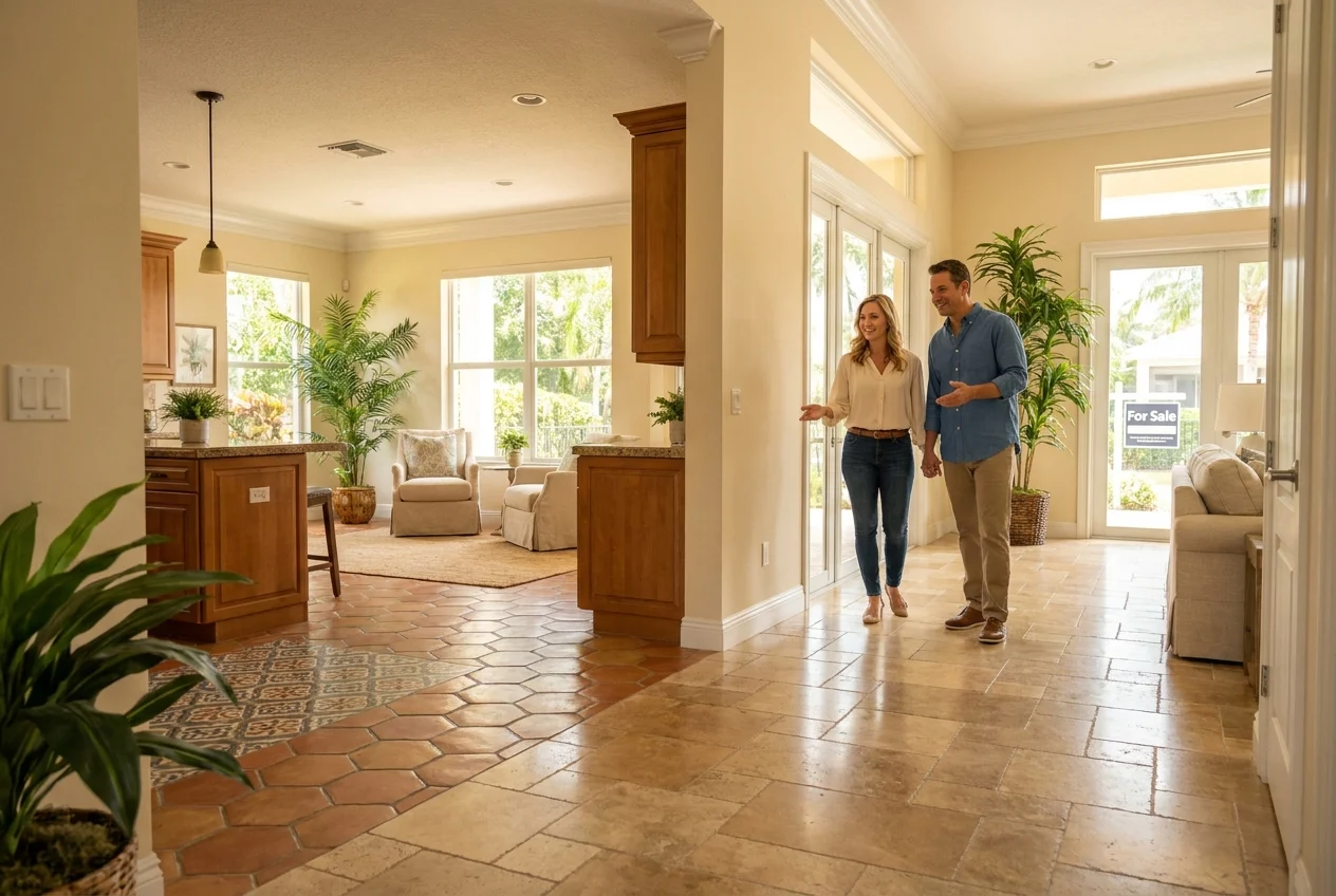 Bright home interior with restored tile and stone floors and satisfied homeowners