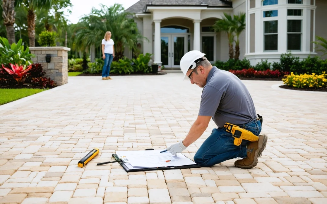 Contractor inspects weathered Florida patio pavers as homeowner observes