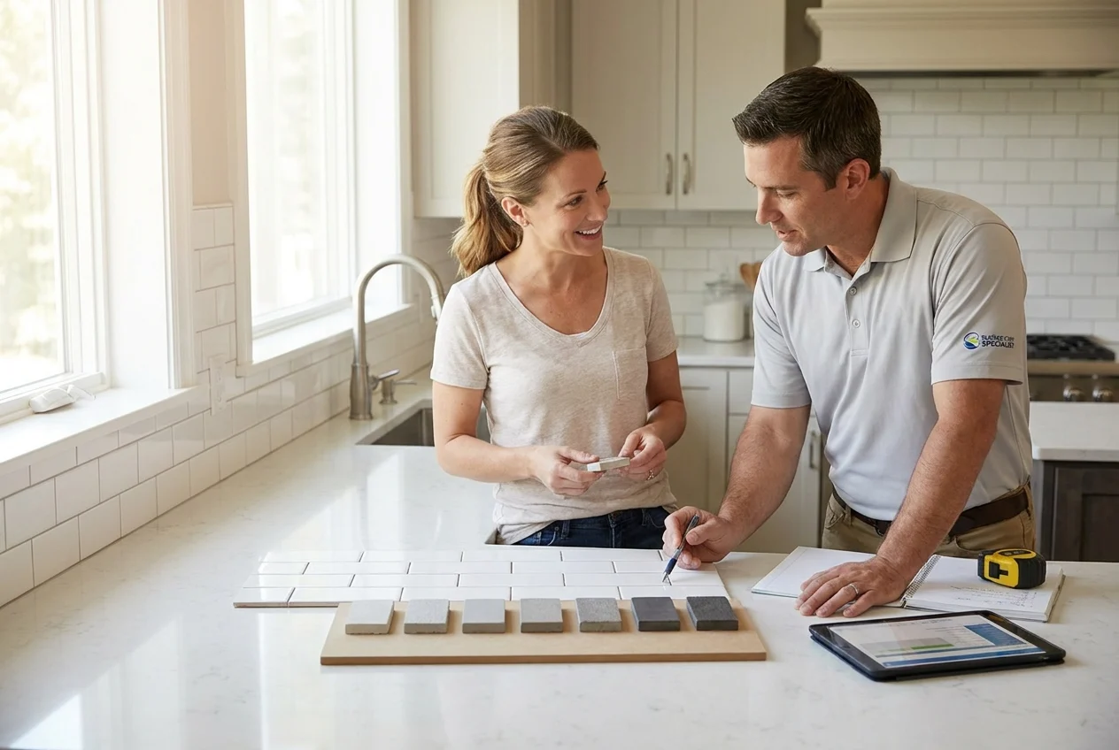 Homeowner and professional discussing grout colors beside white subway tile