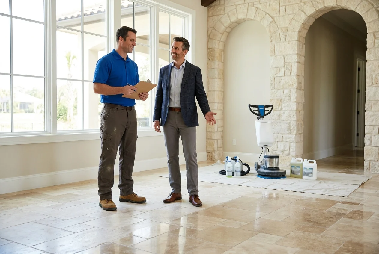 Professional technician and property manager discussing restored tile and stone floor