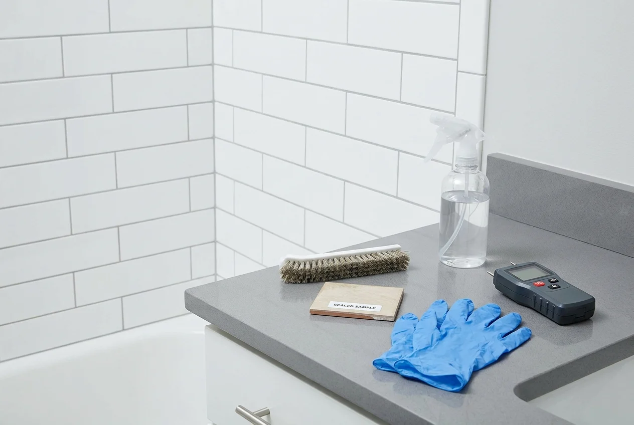 Bathroom service counter with grout brush, sealed tile sample, gloves, and moisture meter