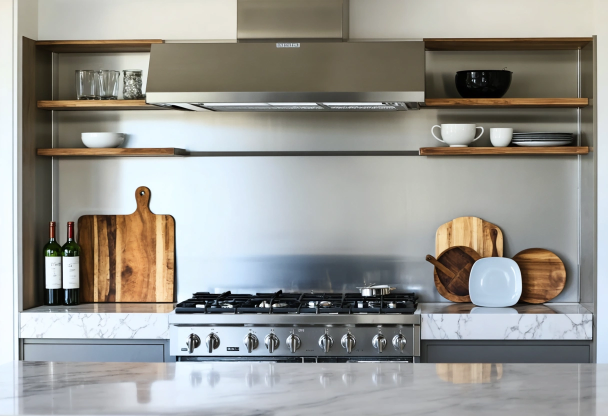 Modern kitchen with stainless steel backsplash and matching appliances