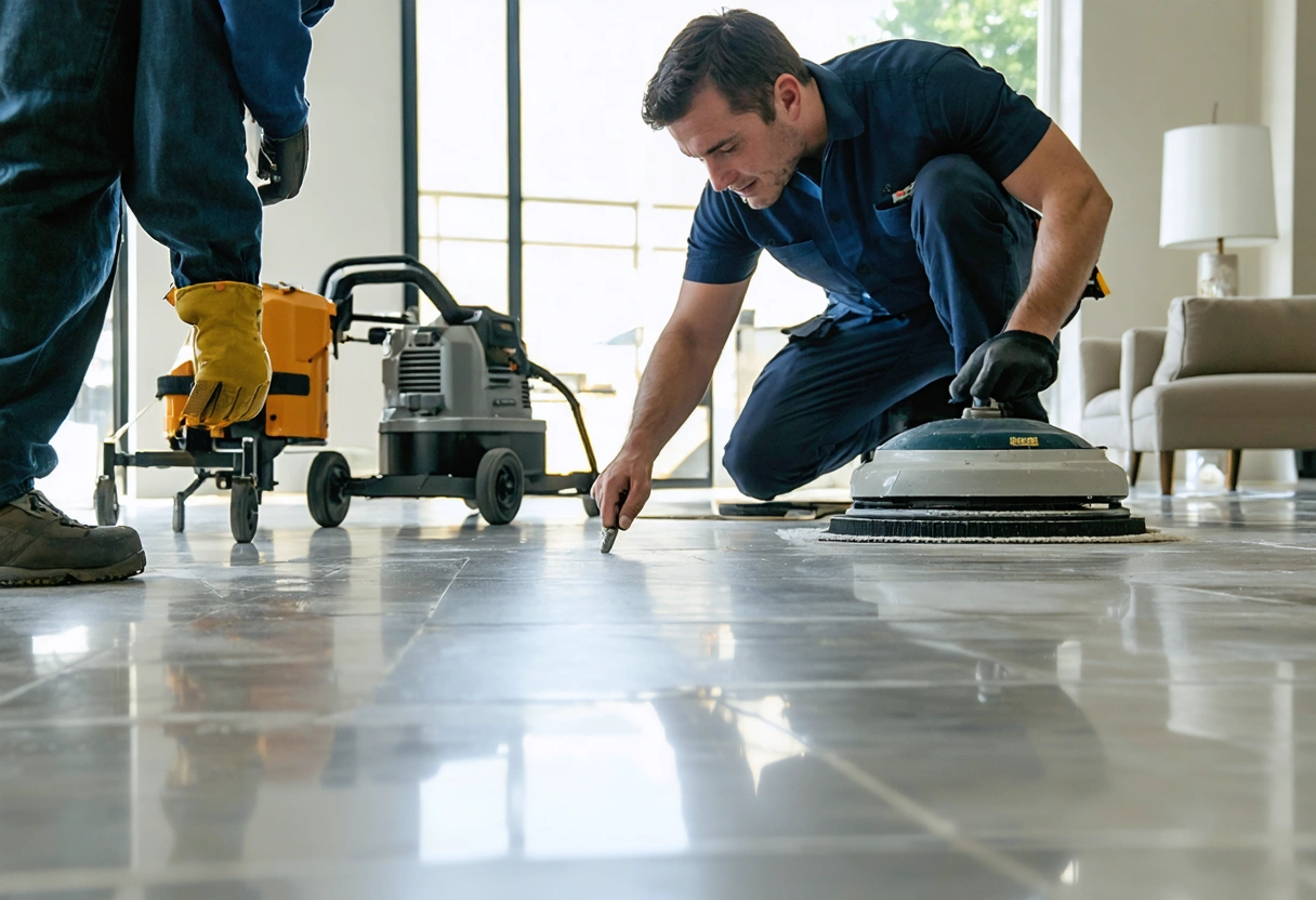 Two restoration professionals reviewing stone floor condition and polishing plan