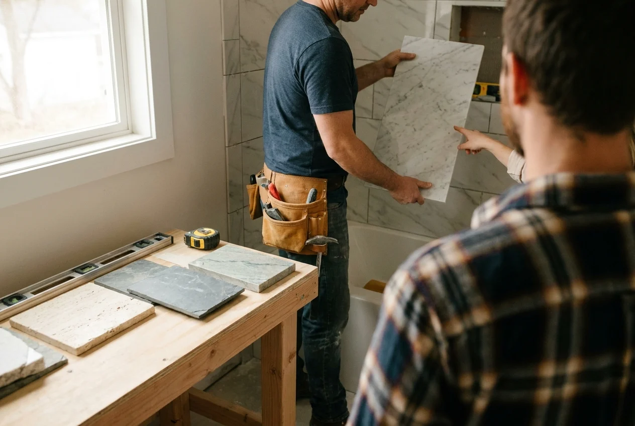 Installer and homeowner comparing marble backsplash samples in a renovated bathroom