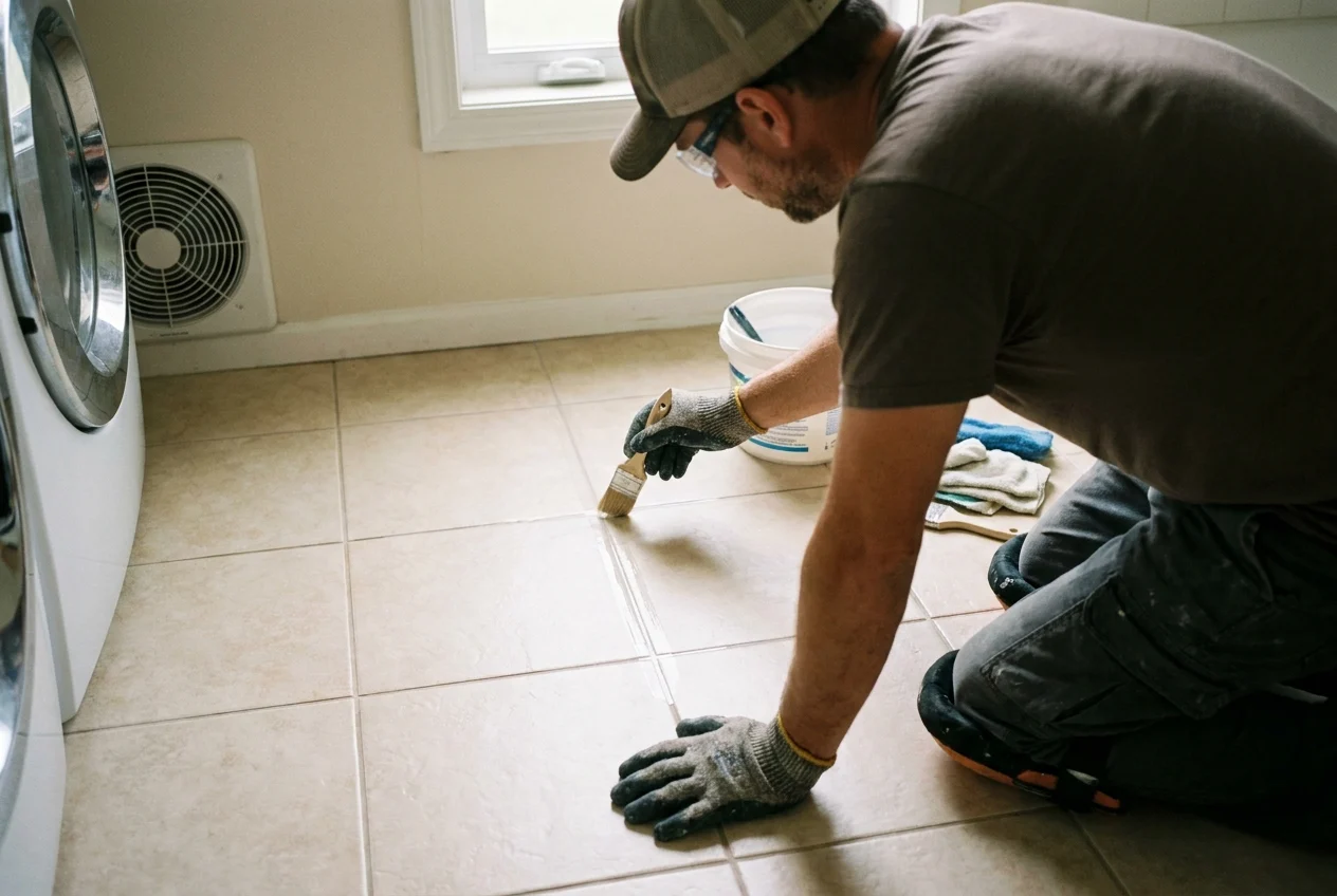 Flooring professional inspecting sealed grout line in a real kitchen or laundry room