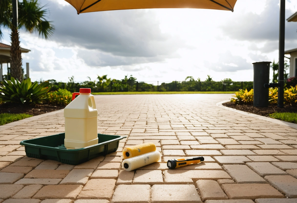 Sealing tools await suitable moisture and weather conditions on driveway
