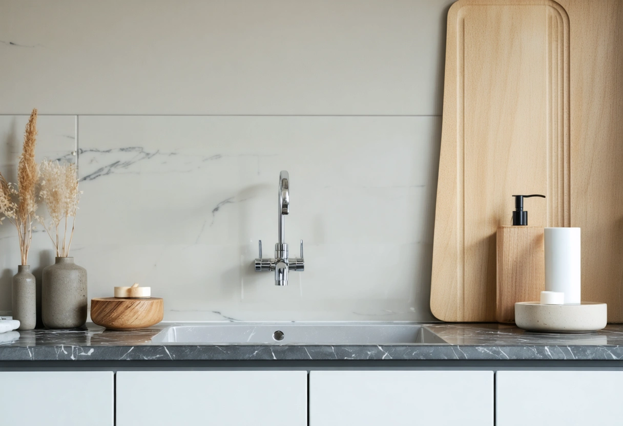 Coordinated backsplash sample with glossy countertops and chrome fixtures