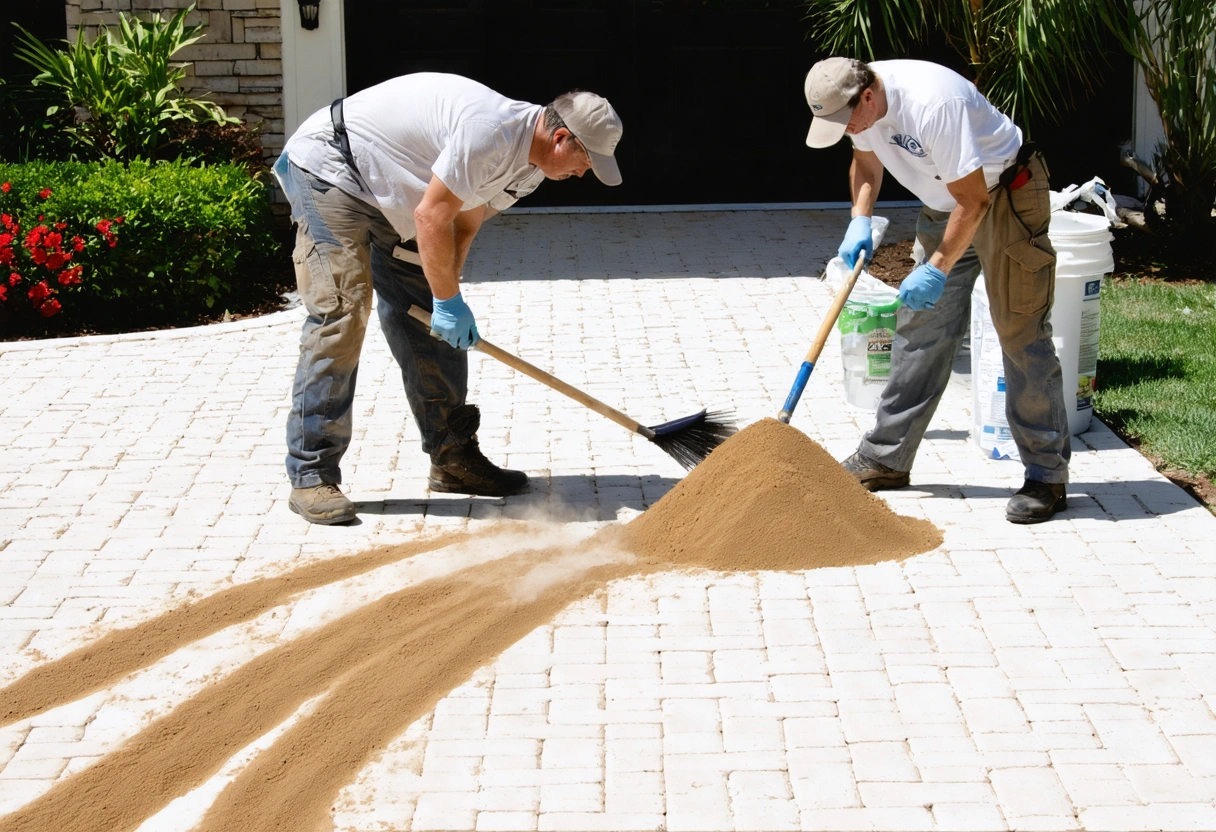 Professionals replace joint sand while discussing even coverage with homeowner