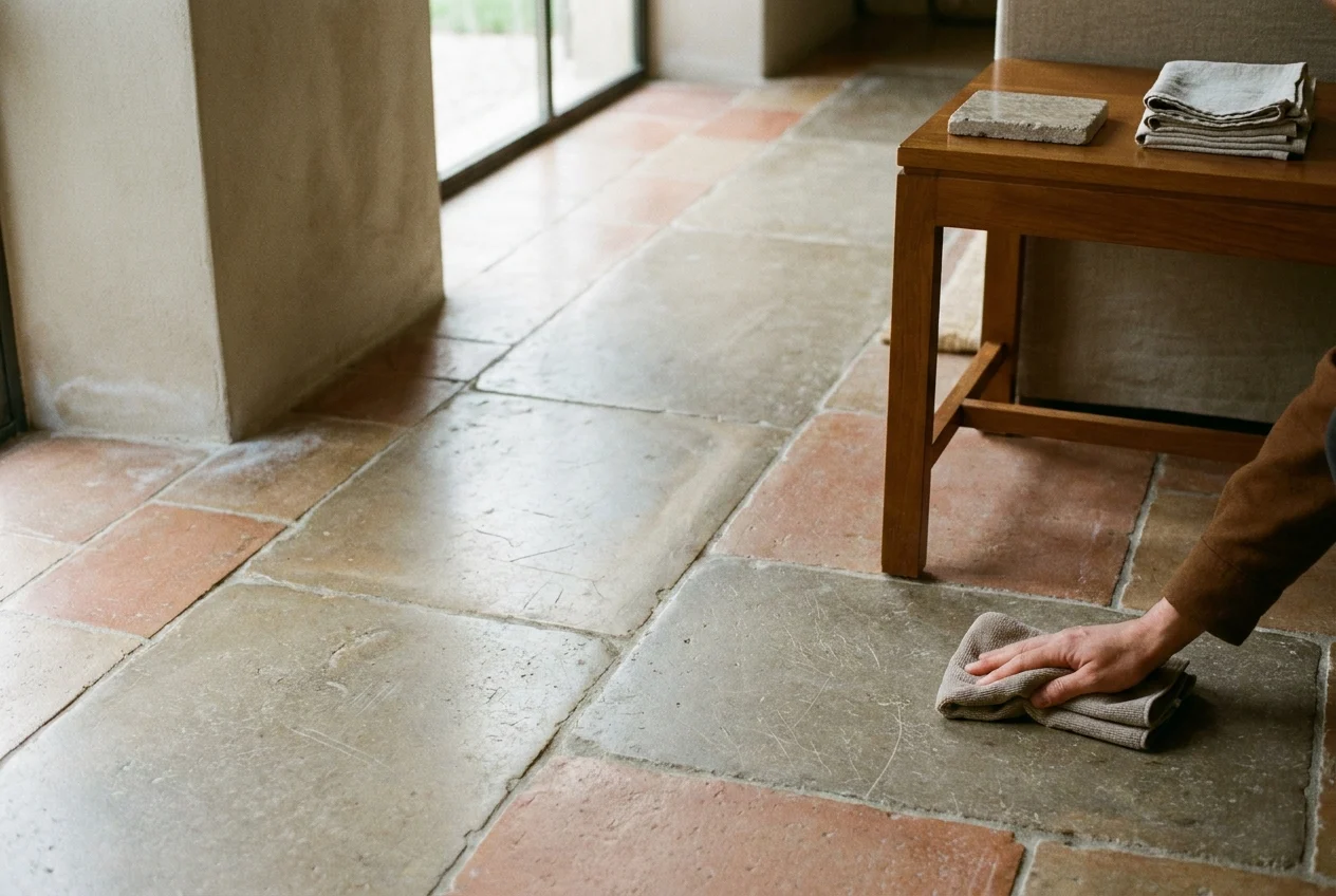 Stone floor showing dull wear, grout discoloration, scratches, and residue