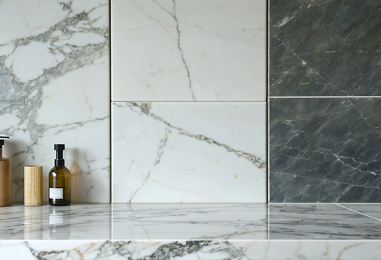 Backsplash material samples comparing ceramic, porcelain, glass, and stone textures
