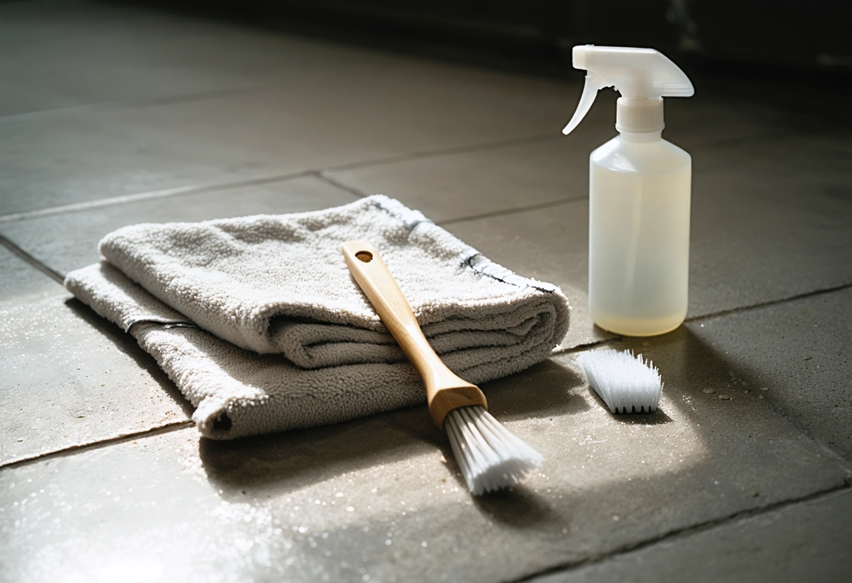 Close-up of sealed stone floor with microfiber cloth, brush, and spray bottle