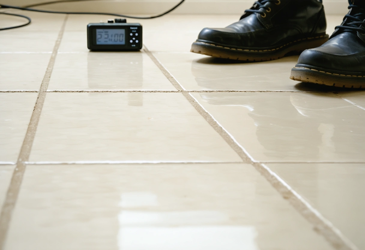 Close-up of freshly sealed grout lines with timer and shoes in background