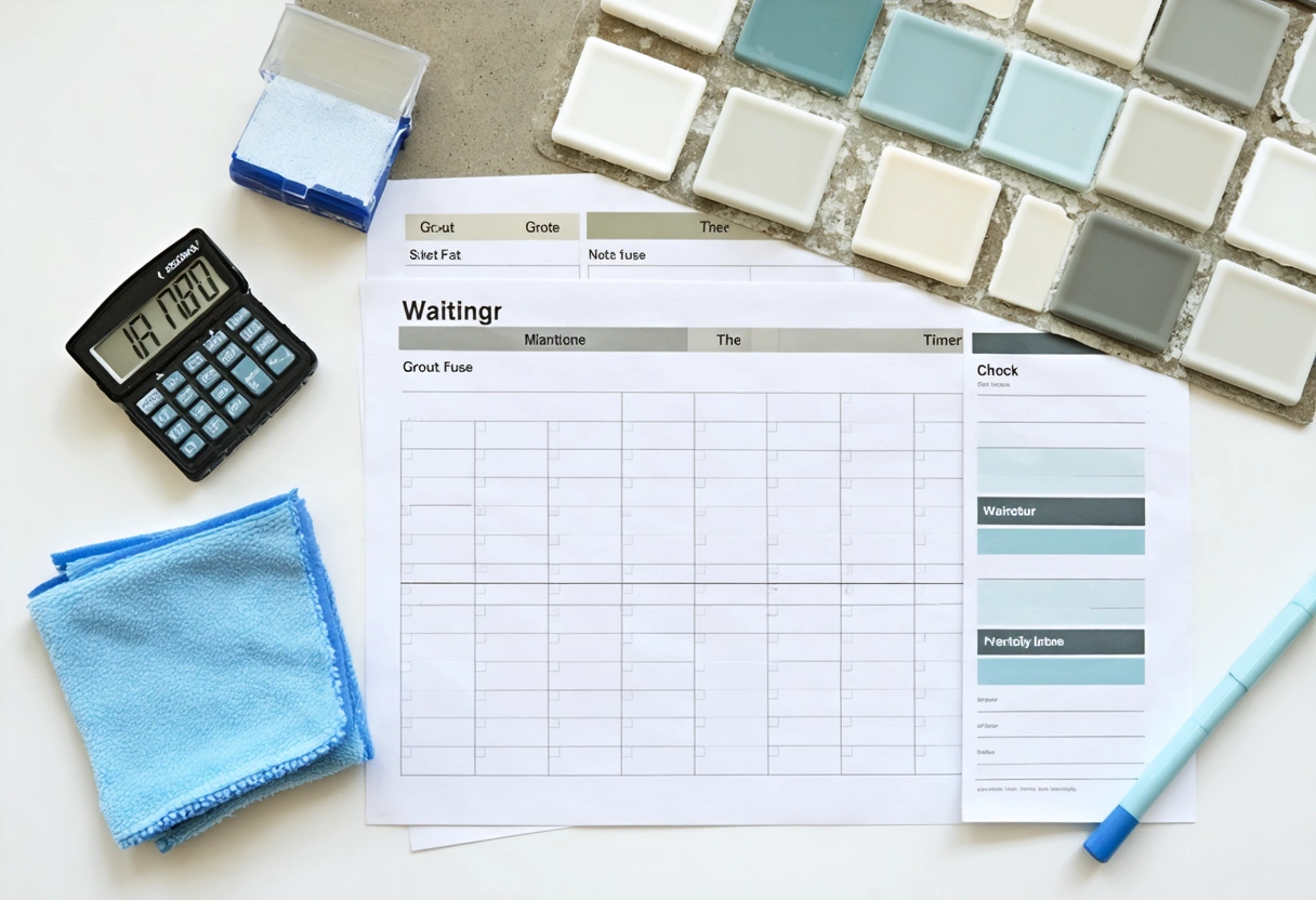 Top-down workspace with grout samples, tile sample, timer, and maintenance checklist