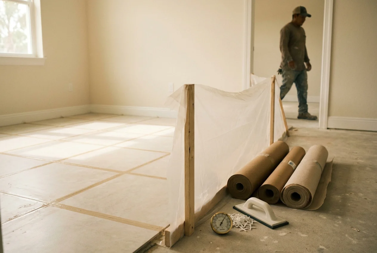 Newly installed hardwood floor covered with protective construction paper