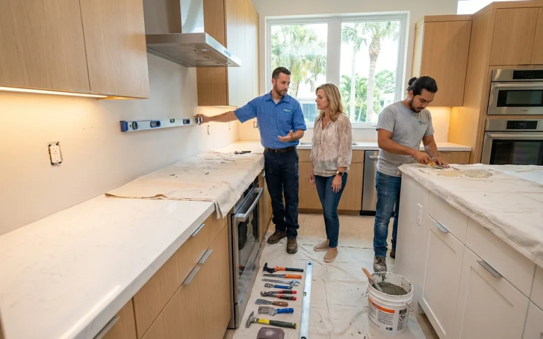 Professionals prepare a bright modern kitchen wall for backsplash installation