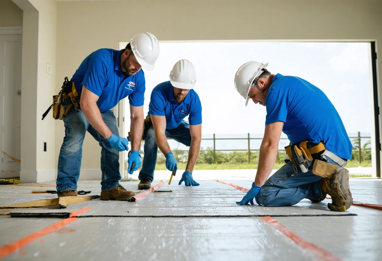 Covered flooring protected from ladders, tools, and construction debris