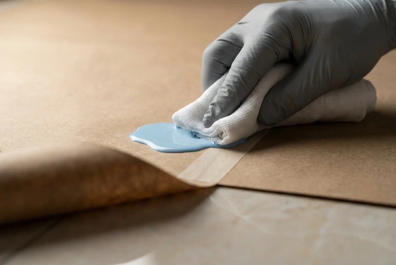 Worker taping floor protection along edges of a renovated room