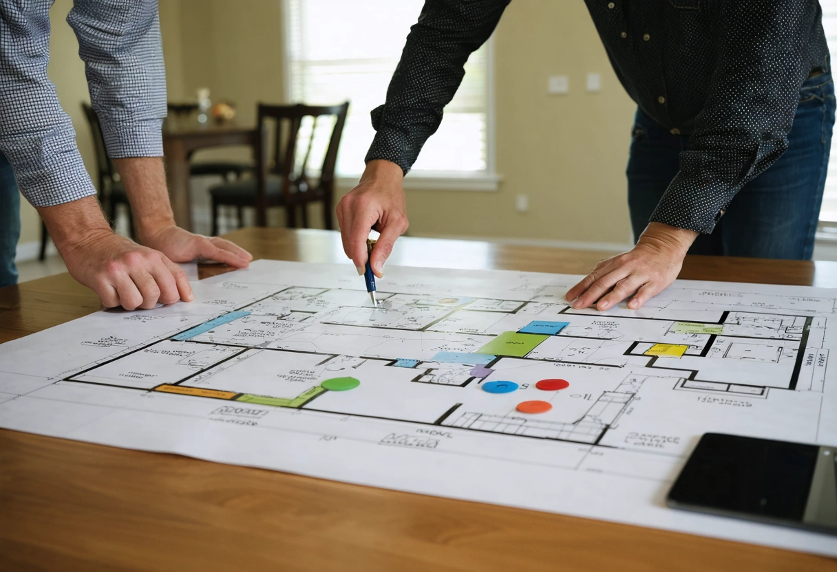 Hands arrange accessible repair routes among safety samples and scheduling materials