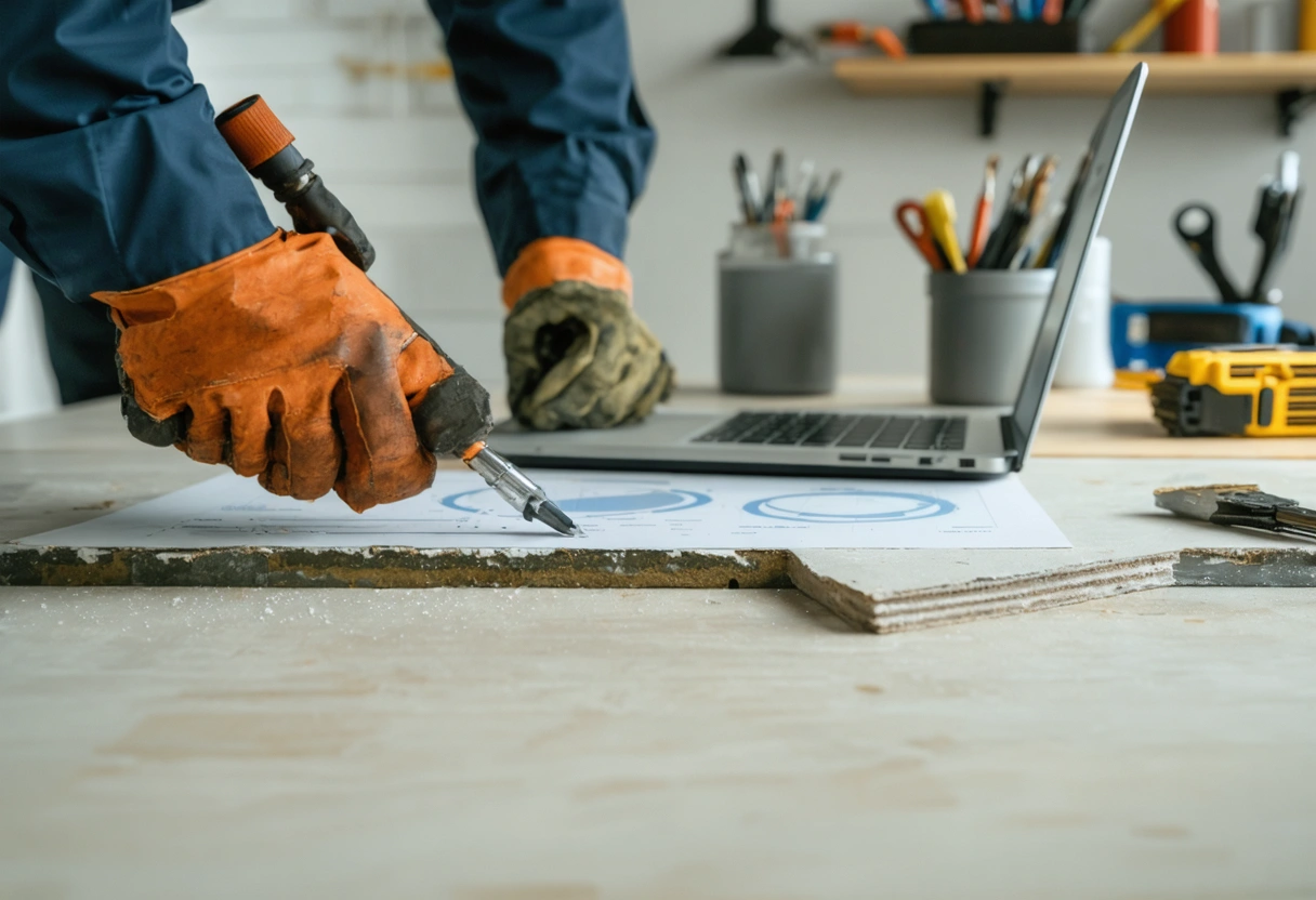 Worker removing deteriorated grout with a handheld tool