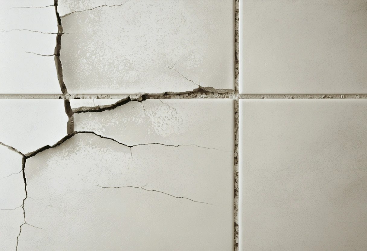 Water seeping through damaged grout along a shower wall
