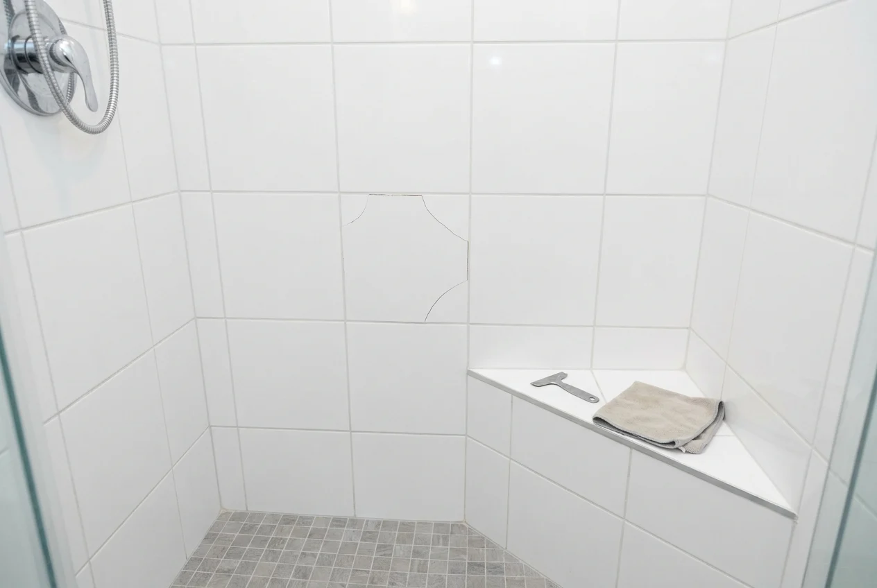Close-up of cracked grout between ceramic shower tiles