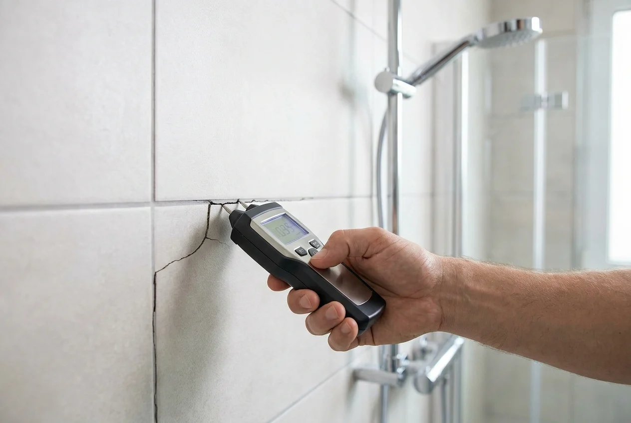 Freshly repaired grout sealing clean shower tile joints