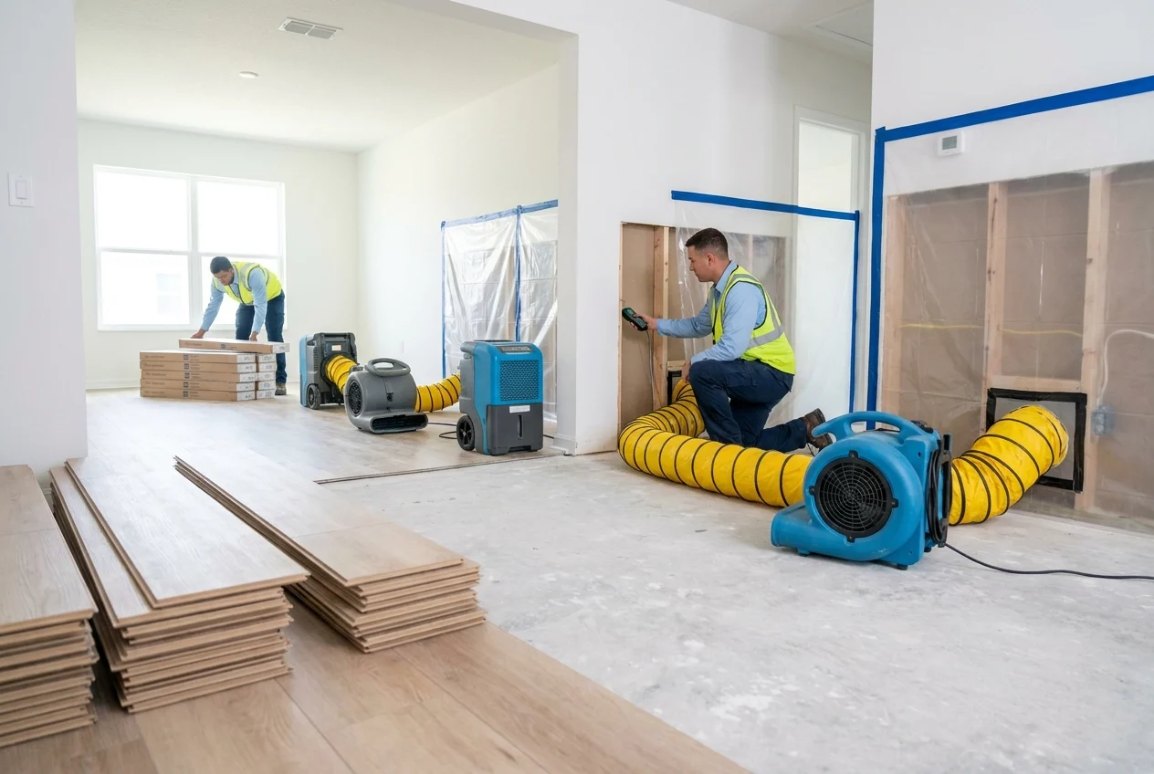 Technician monitors drying equipment beside exposed framing and sealed debris