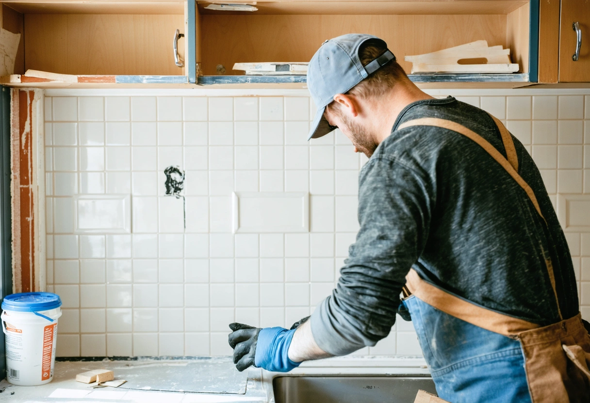 Installer applying grout evenly between newly placed backsplash tiles