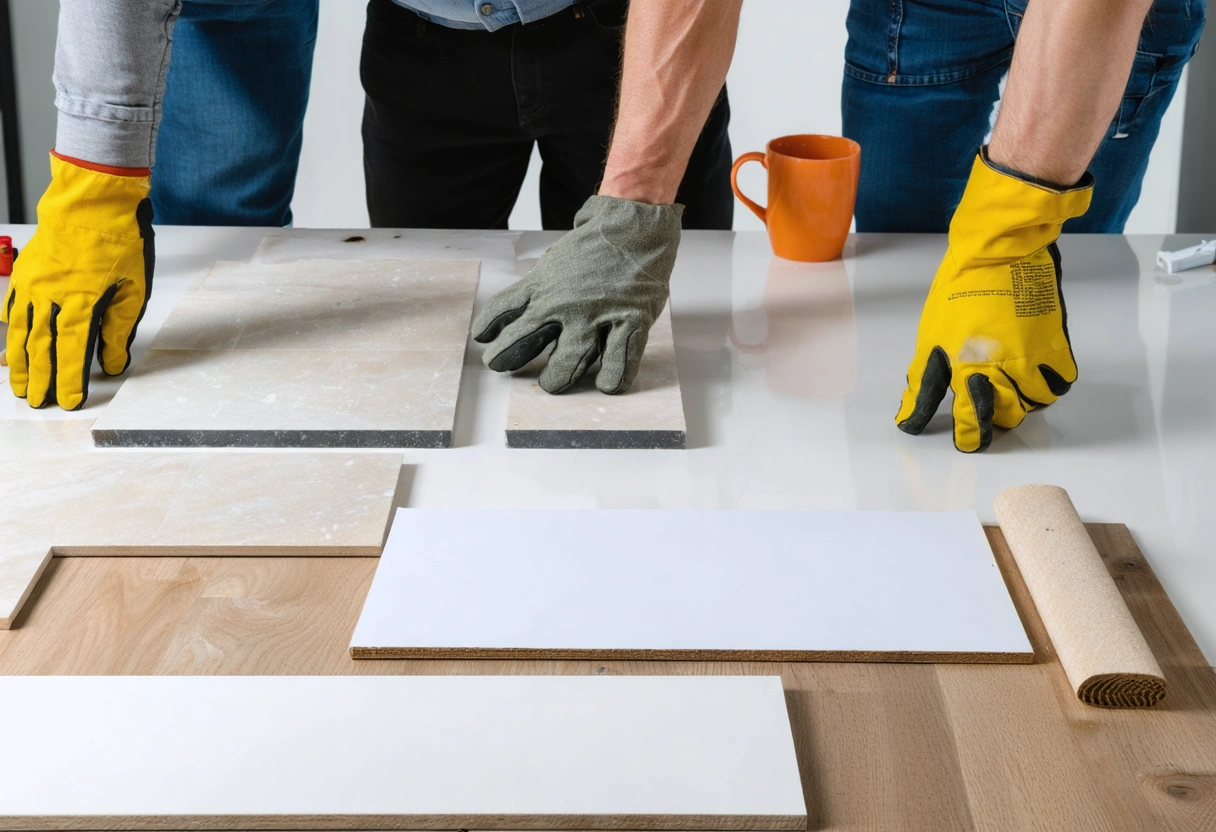 Tile floor shielded by durable mats during interior finishing work