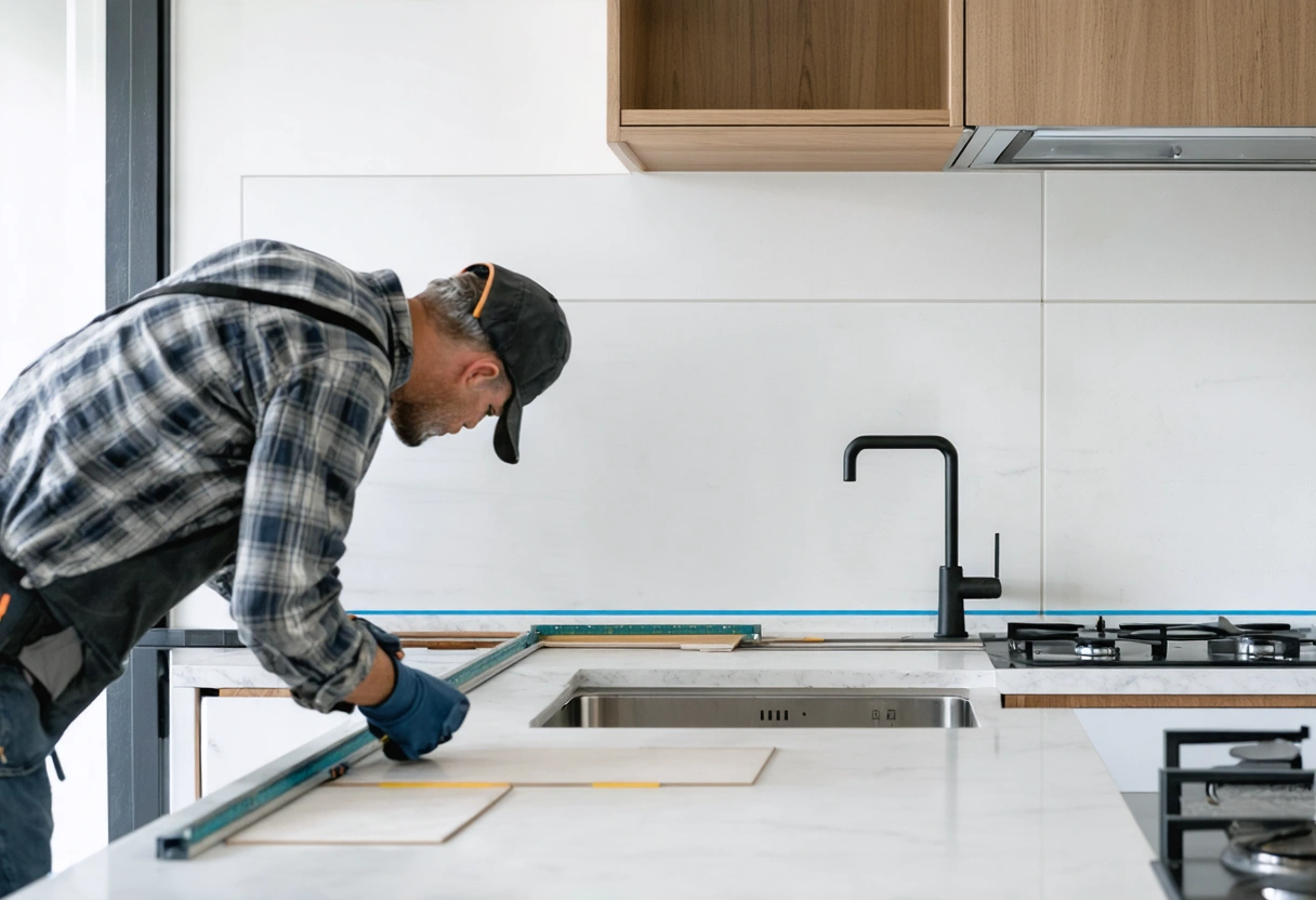 Contractor measuring wall dimensions before beginning backsplash tile installation