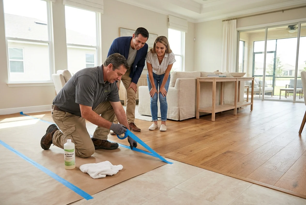 Contractor removing temporary floor covering after completing final construction tasks